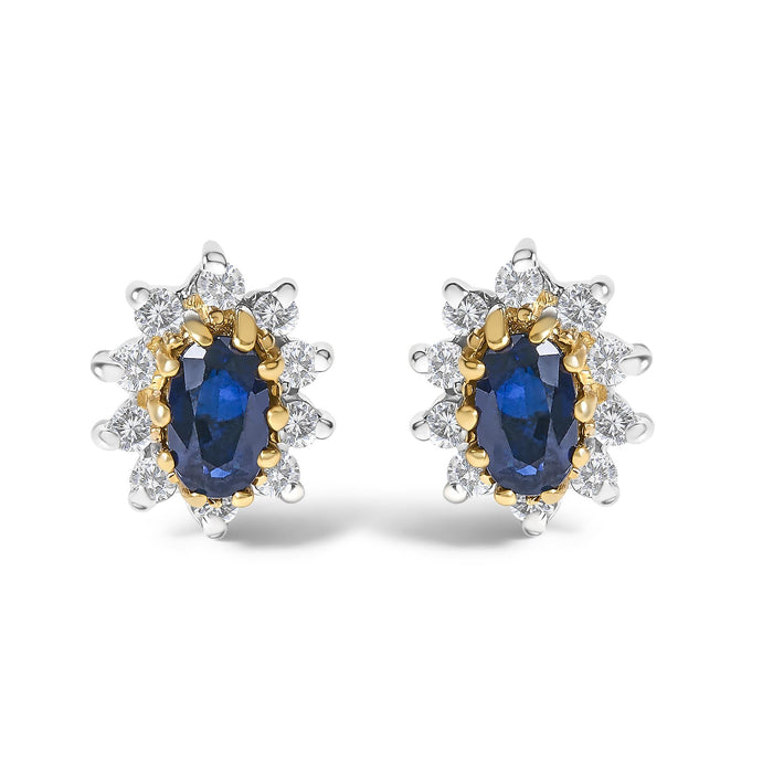 Aretes de botón de halo de sol radiante con diamantes y zafiro azul de 1/4 ct. p.t. en oro amarillo de 14K, foto 1