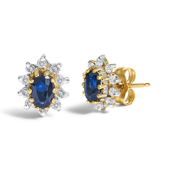Aretes de botón de halo de sol radiante con diamantes y zafiro azul de 1/4 ct. p.t. en oro amarillo de 14K, foto 2