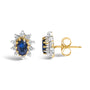 Aretes de botón de halo de sol radiante con diamantes y zafiro azul de 1/4 ct. p.t. en oro amarillo de 14K, foto 4