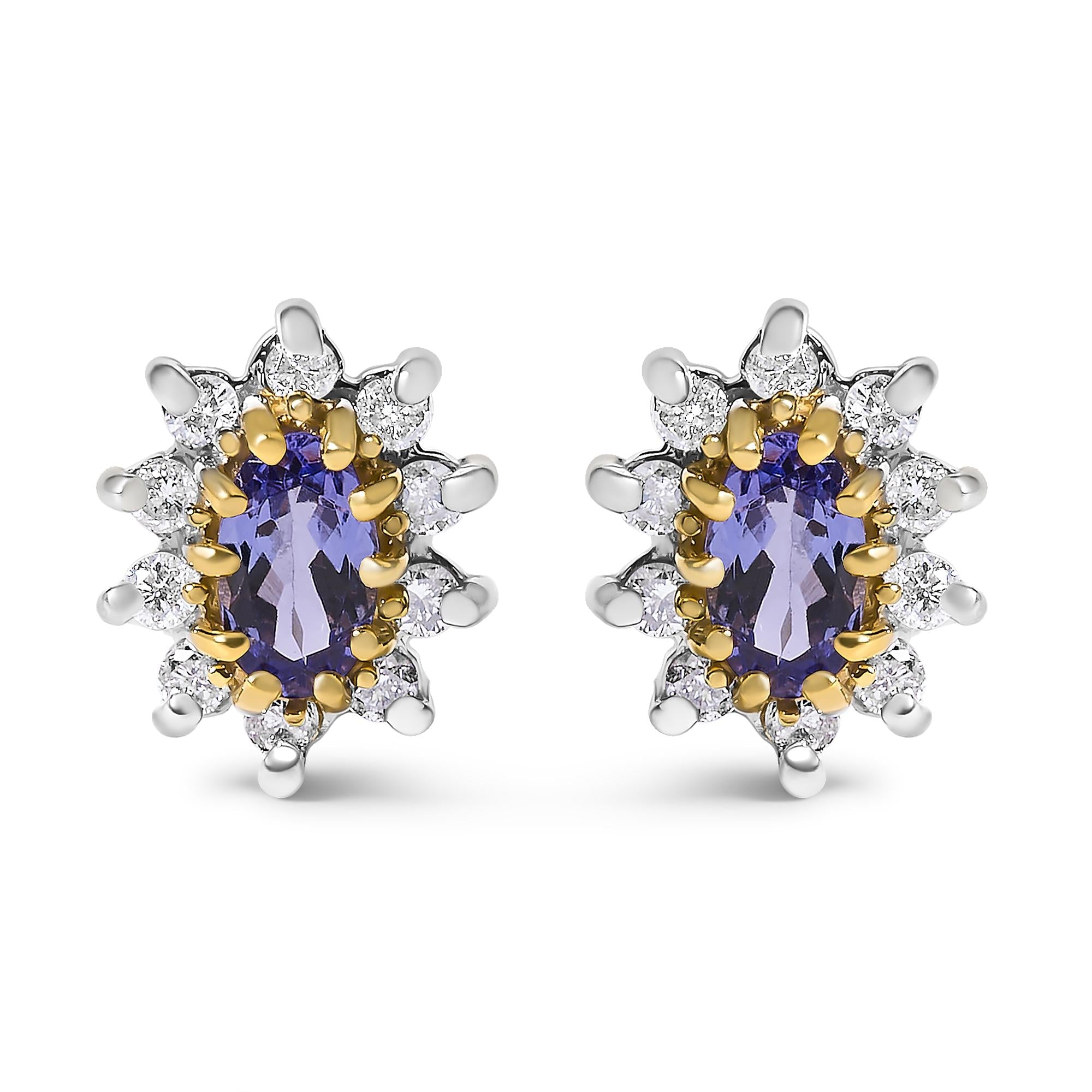 1/4 Ct. T.W. Diamond and Blue Purple Tanzanite Sunburst Halo Stud Earrings in 14K Yellow Gold, photo 1