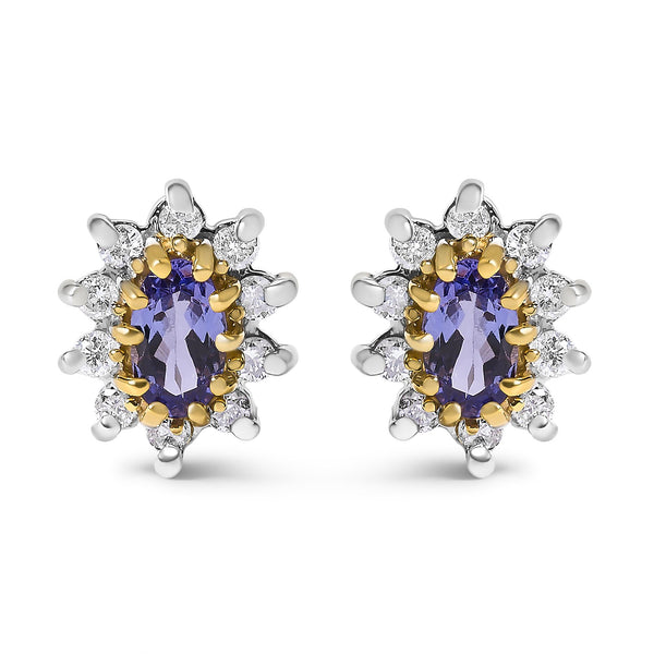1/4 Ct. T.W. Diamond and Blue Purple Tanzanite Sunburst Halo Stud Earrings in 14K Yellow Gold, photo 1