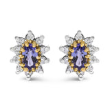 Aretes de botón con halo de rayos de sol, diamantes y tanzanita azul violeta de 1/4 ct. p.t. en oro amarillo de 14K
