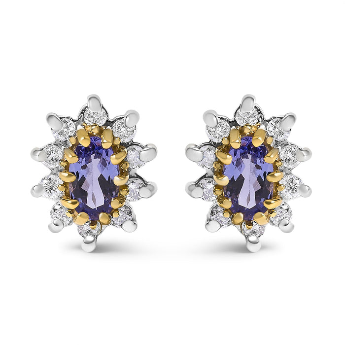 1/4 Ct. T.W. Diamond and Blue Purple Tanzanite Sunburst Halo Stud Earrings in 14K Yellow Gold, photo 1