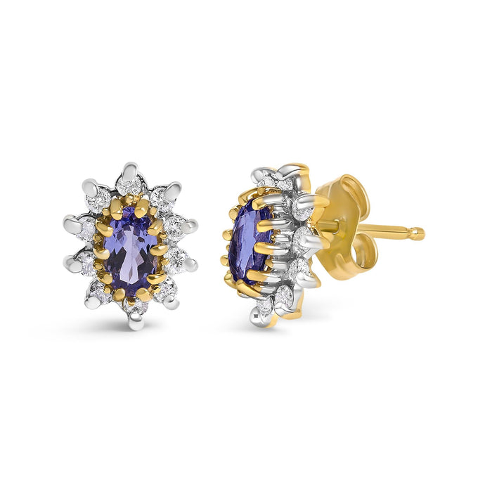1/4 Ct. T.W. Diamond and Blue Purple Tanzanite Sunburst Halo Stud Earrings in 14K Yellow Gold, photo 2