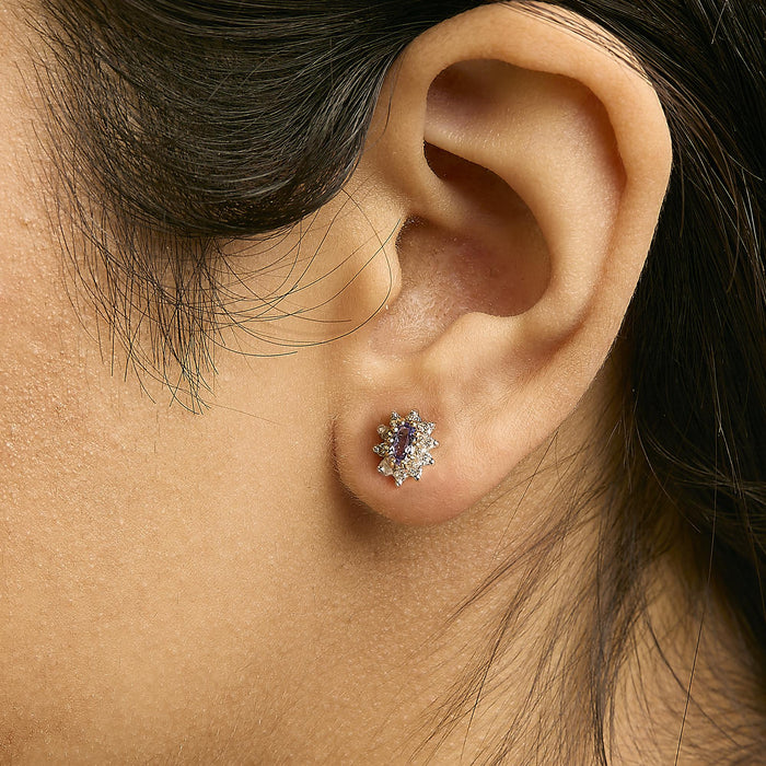 1/4 Ct. T.W. Diamond and Blue Purple Tanzanite Sunburst Halo Stud Earrings in 14K Yellow Gold, photo 3