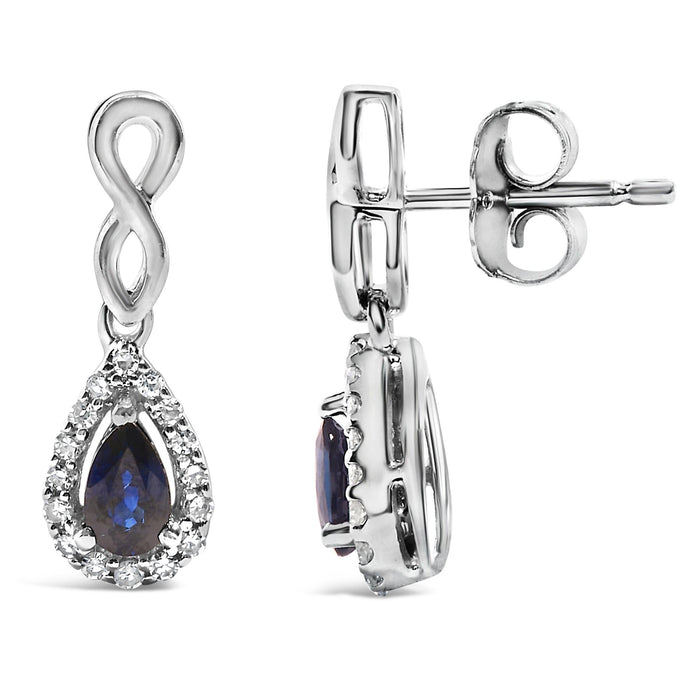 Aretes colgantes de infinito con zafiro azul de talla pera y diamantes de 1/7 ct. p.t. en oro blanco de 10K, foto 4