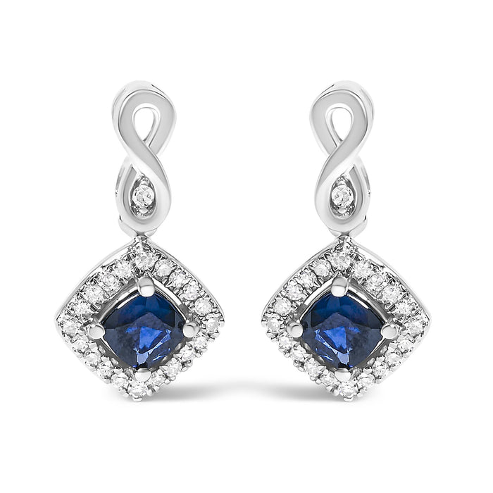Blue Sapphire and Diamond Halo Cushion-Shaped Drop Earrings in 10K White Gold, photo 1