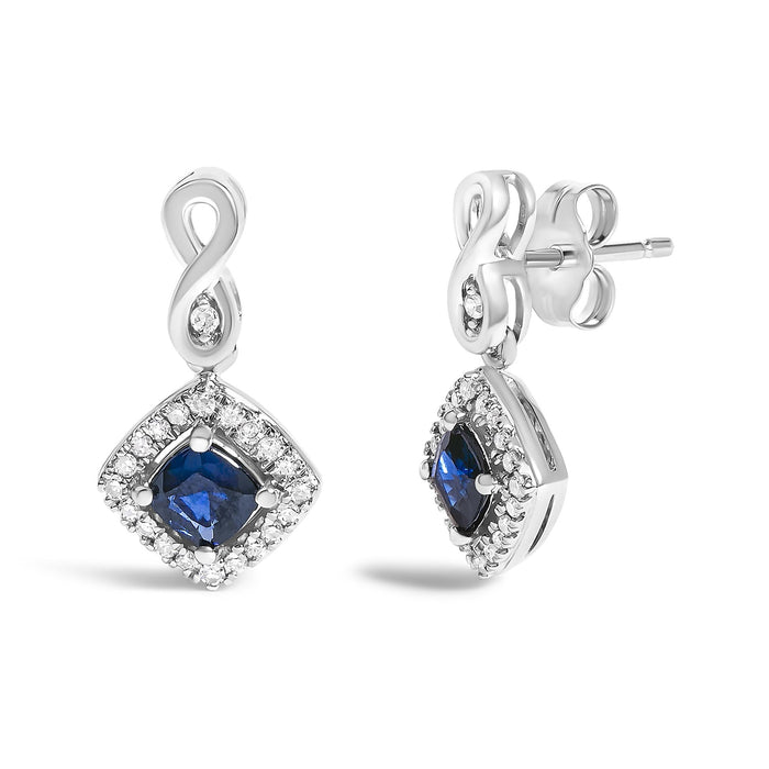 Blue Sapphire and Diamond Halo Cushion-Shaped Drop Earrings in 10K White Gold, photo 2