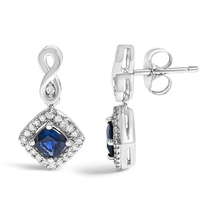Blue Sapphire and Diamond Halo Cushion-Shaped Drop Earrings in 10K White Gold, photo 4
