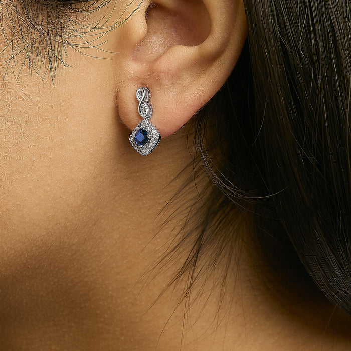 Blue Sapphire and Diamond Halo Cushion-Shaped Drop Earrings in 10K White Gold, photo 3