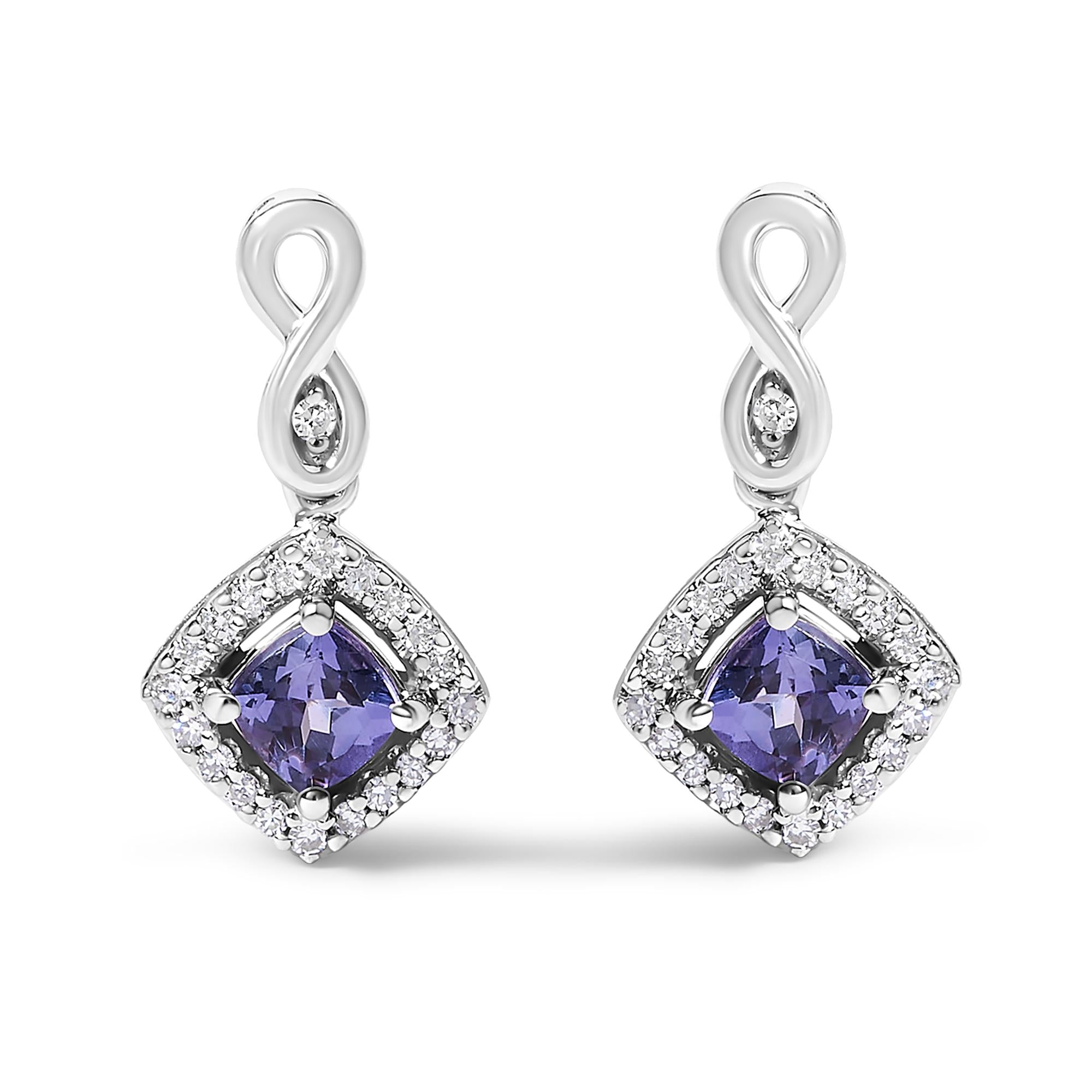 Blue Purple Tanzanite and Diamond Halo Cushion-Shaped Drop Earrings in 10K White Gold, photo 1