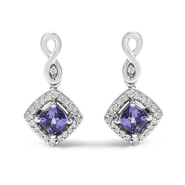 Blue Purple Tanzanite and Diamond Halo Cushion-Shaped Drop Earrings in 10K White Gold, photo 1