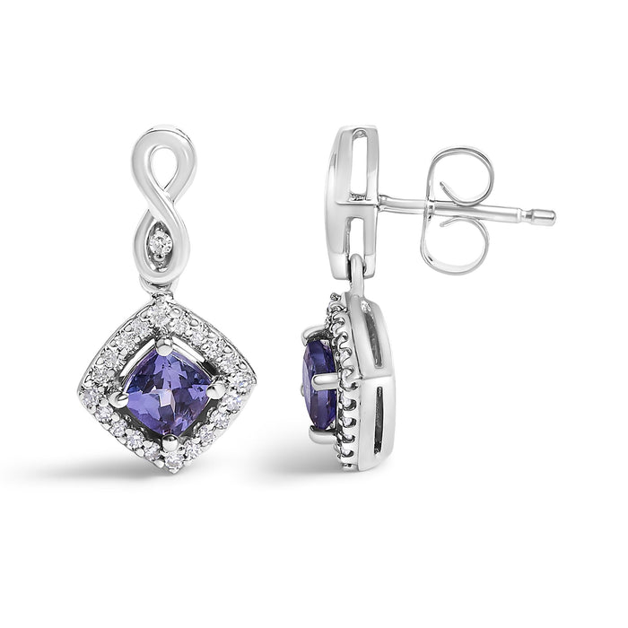 Blue Purple Tanzanite and Diamond Halo Cushion-Shaped Drop Earrings in 10K White Gold, photo 4