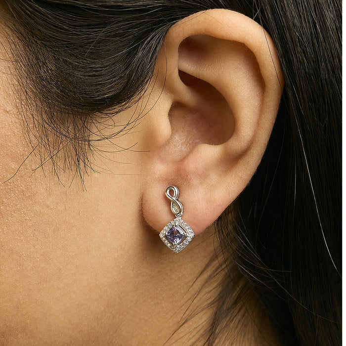 Blue Purple Tanzanite and Diamond Halo Cushion-Shaped Drop Earrings in 10K White Gold, photo 3