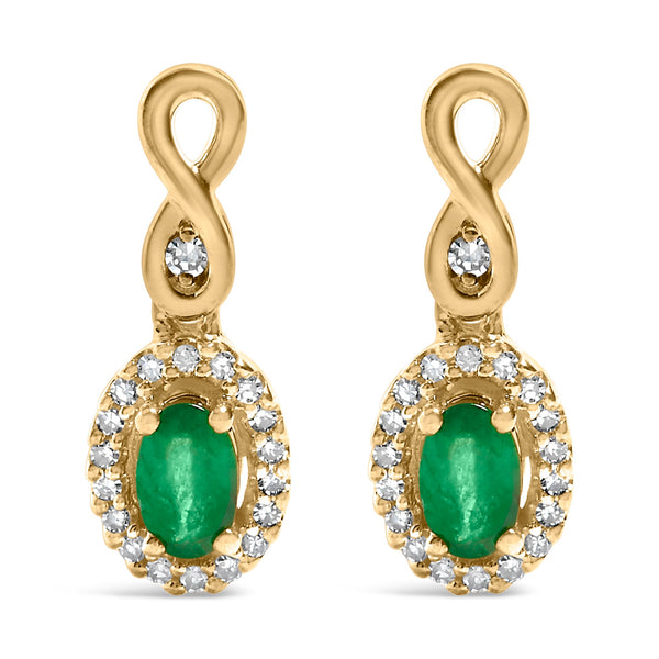 1/7 Ct. T.W. Oval-Cut Green Emerald 5x3 mm and Round Diamond Dangle Earrings in 10K Yellow Gold, photo 1