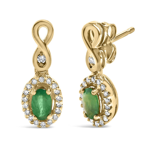 1/7 Ct. T.W. Oval-Cut Green Emerald 5x3 mm and Round Diamond Dangle Earrings in 10K Yellow Gold, photo 2
