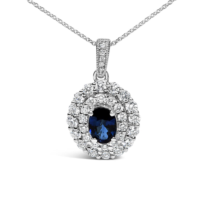 Collar con colgante de halo con zafiro azul ovalado y diamantes de 3/4 ct. p.t. en oro blanco de 14K, foto 2