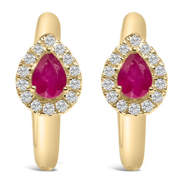 1/10 Ct. T.W. Pear-Cut Red Ruby 4x3 mm and Round Diamond Huggy Earrings in 10K Yellow Gold, photo 1