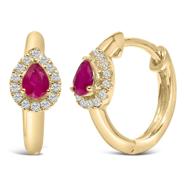 1/10 Ct. T.W. Pear-Cut Red Ruby 4x3 mm and Round Diamond Huggy Earrings in 10K Yellow Gold, photo 2