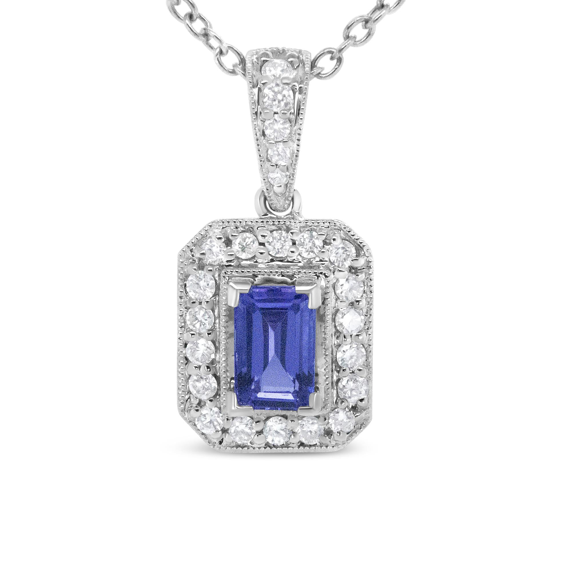 1/4 Ct. T.W. Round Diamond and 6x4mm Purple Tanzanite Halo Pendant Necklace in 18K White Gold, photo 1