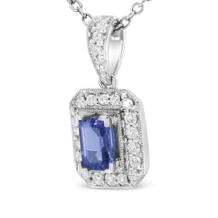 1/4 Ct. T.W. Round Diamond and 6x4mm Purple Tanzanite Halo Pendant Necklace in 18K White Gold, photo 4