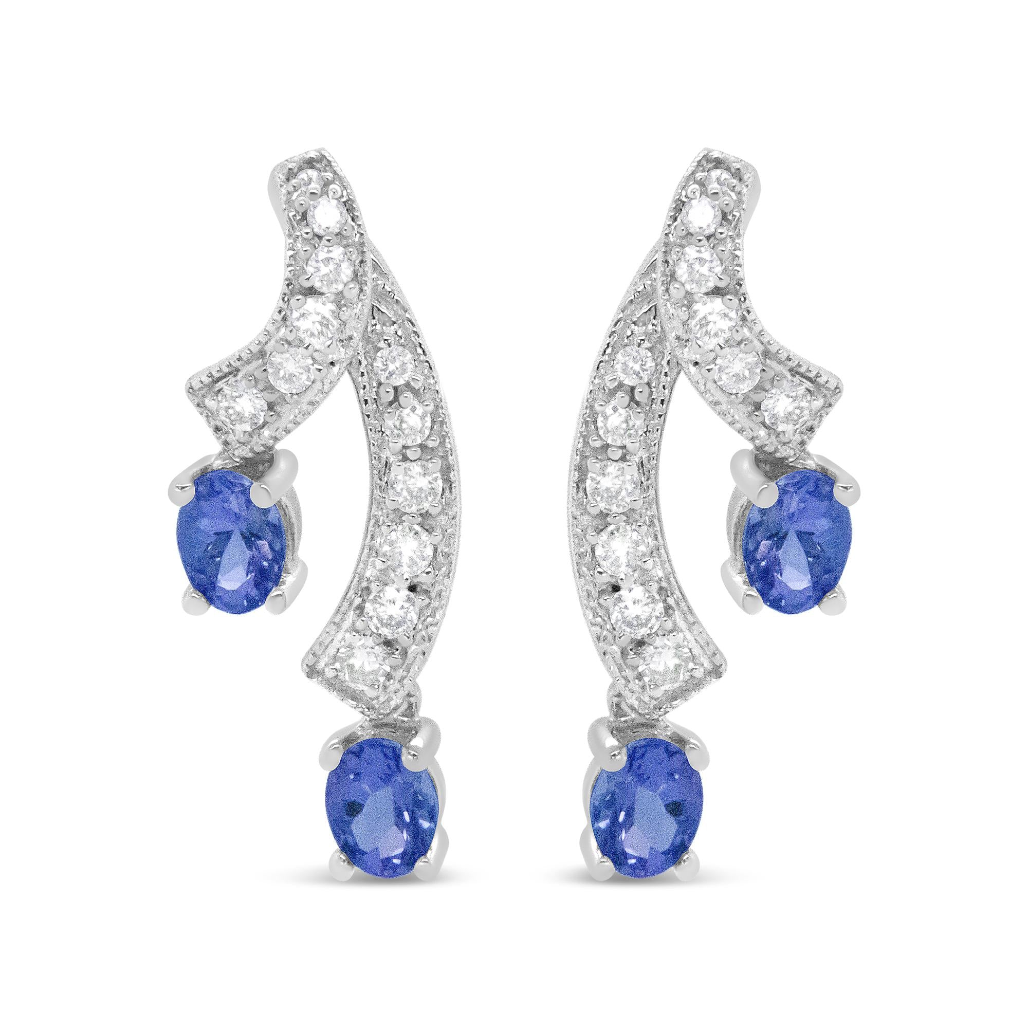 Aretes de botón de doble gota con tanzanita azul natural de 4x3mm y diamantes de 1/5 ct. p.t. en oro blanco de 14K, color H-I, claridad VS1-VS2, foto 1