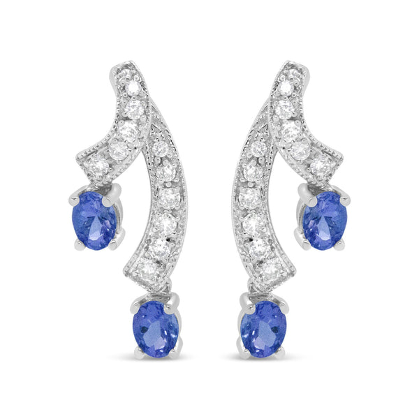 1/5 Ct. T.W. 4x3mm Oval-Shaped Natural Blue Tanzanite Gemstone and Diamond Double Drop Stud Earrings in 14K White Gold, photo 1