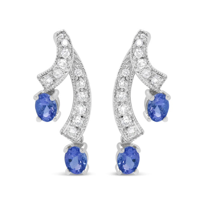 Aretes de botón de doble gota con tanzanita azul natural de 4x3mm y diamantes de 1/5 ct. p.t. en oro blanco de 14K, color H-I, claridad VS1-VS2, foto 1