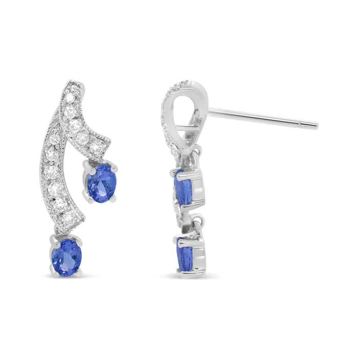 Aretes de botón de doble gota con tanzanita azul natural de 4x3mm y diamantes de 1/5 ct. p.t. en oro blanco de 14K, color H-I, claridad VS1-VS2, foto 4