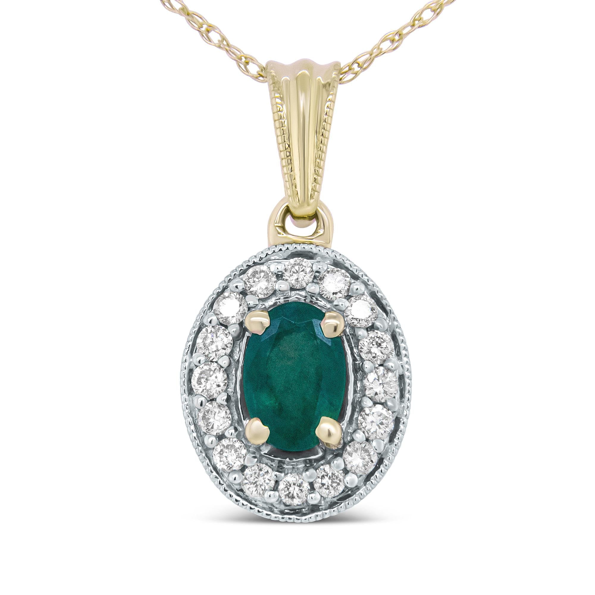 1/5 Ct. T.W. 6x4mm Emerald and Round Diamond Halo Pendant Necklace in 14K Yellow Gold, photo 1