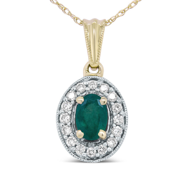 1/5 Ct. T.W. 6x4mm Emerald and Round Diamond Halo Pendant Necklace in 14K Yellow Gold, photo 1