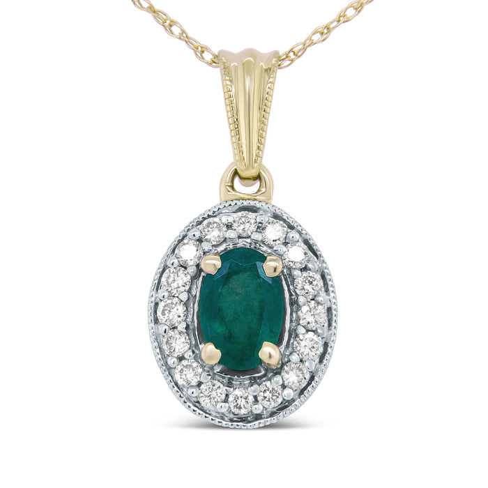 1/5 Ct. T.W. 6x4mm Emerald and Round Diamond Halo Pendant Necklace in 14K Yellow Gold, photo 1