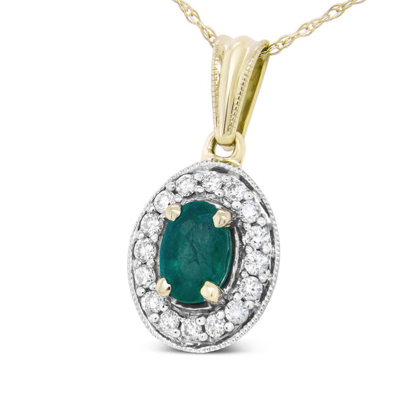 1/5 Ct. T.W. 6x4mm Emerald and Round Diamond Halo Pendant Necklace in 14K Yellow Gold, photo 2