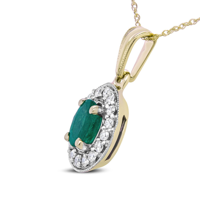 1/5 Ct. T.W. 6x4mm Emerald and Round Diamond Halo Pendant Necklace in 14K Yellow Gold, photo 4