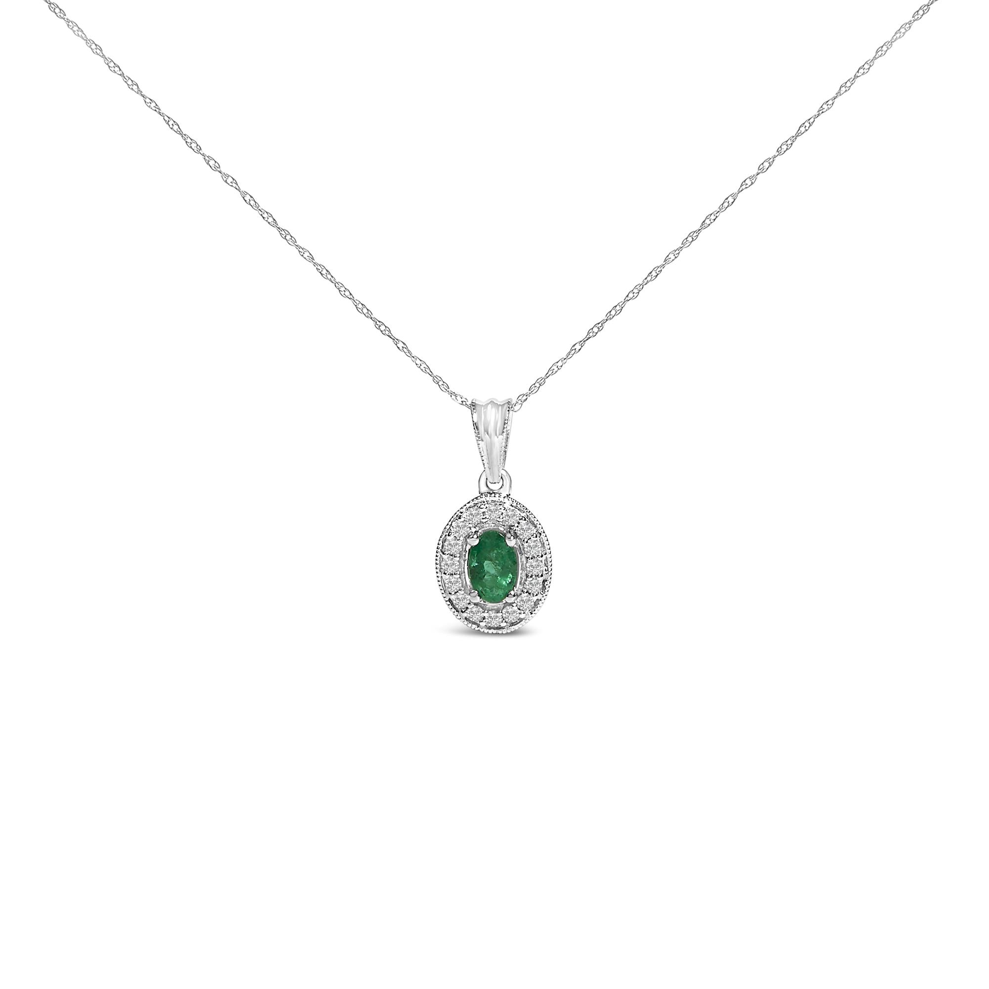 Collar con colgante de halo con esmeralda verde ovalada de 6x4 mm y diamantes en oro blanco de 14K, foto 1