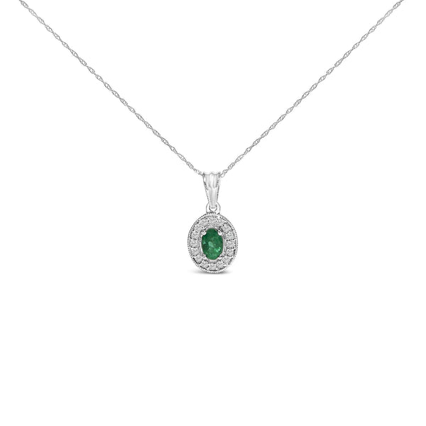 Oval 6x4mm Green Emerald and Diamond Halo Pendant Necklace in 14K White Gold, photo 1
