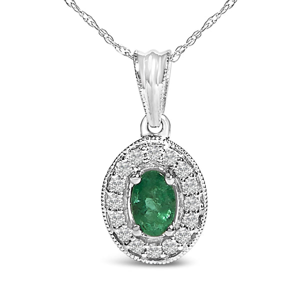 Oval 6x4mm Green Emerald and Diamond Halo Pendant Necklace in 14K White Gold, photo 2