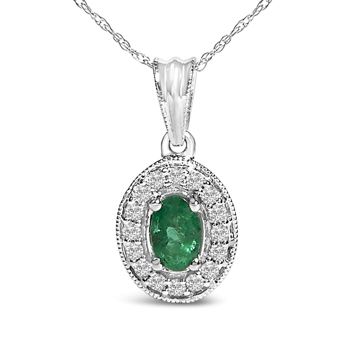 Collar con colgante de halo con esmeralda verde ovalada de 6x4 mm y diamantes en oro blanco de 14K, foto 2