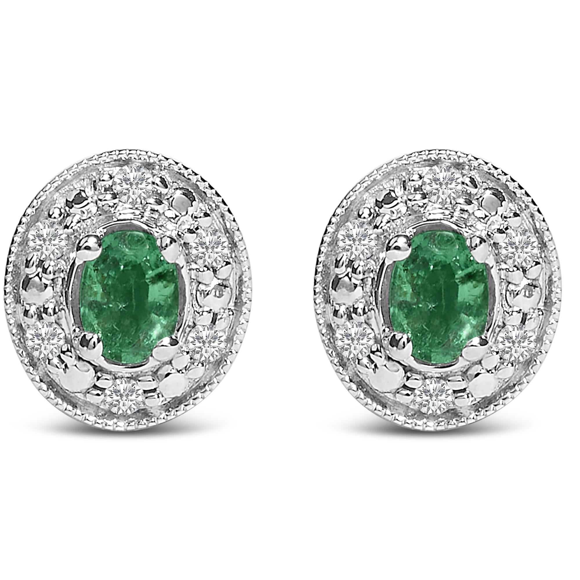 1/10 Ct. T.W. Oval Green Emerald and Diamond Halo Stud Earrings in 14K White Gold, photo 1