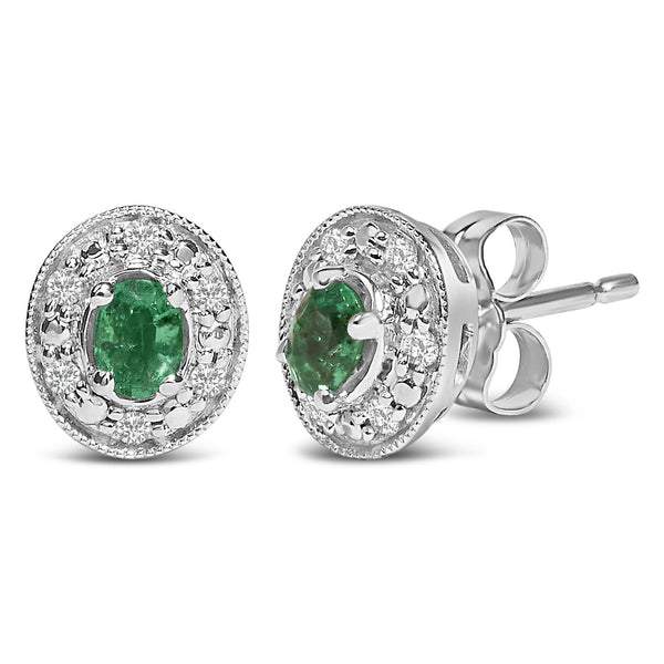 1/10 Ct. T.W. Oval Green Emerald and Diamond Halo Stud Earrings in 14K White Gold, photo 2