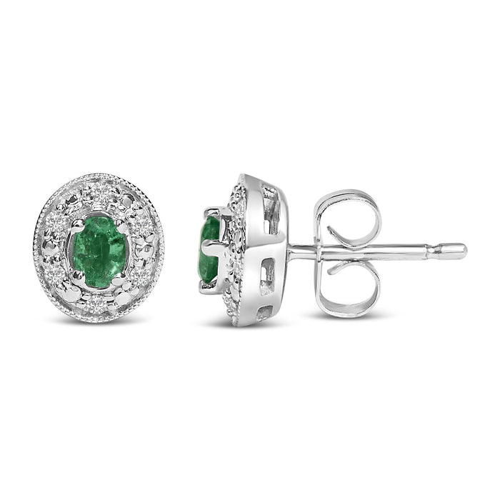 1/10 Ct. T.W. Oval Green Emerald and Diamond Halo Stud Earrings in 14K White Gold, photo 4