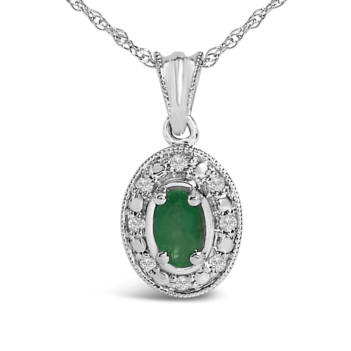 Collar con colgante de halo con esmeralda verde ovalada y diamantes en oro blanco de 14K, foto 2