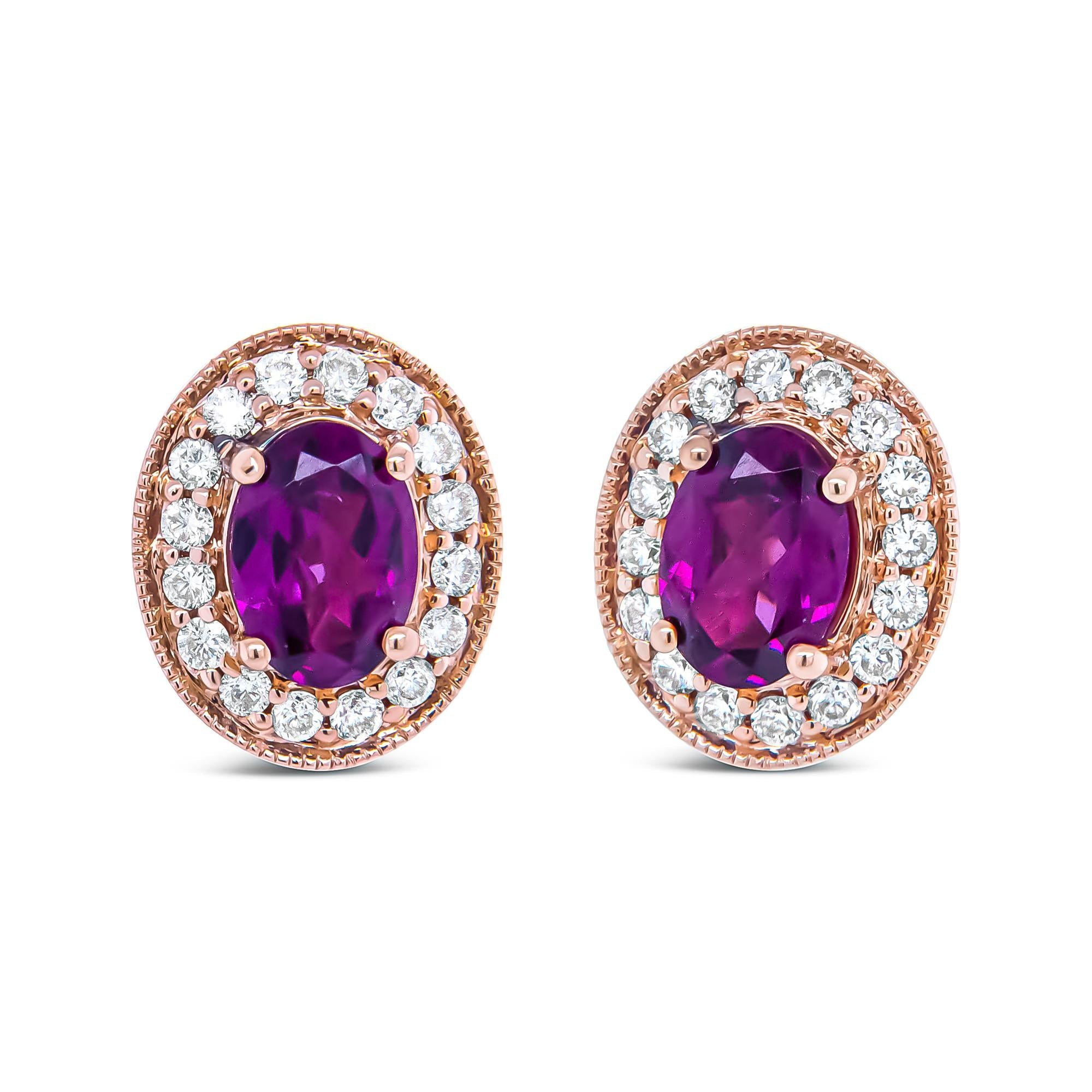 3/8 Ct. T.W. 7x5mm Oval-Cut Garnet and Round Diamond Halo Stud Earrings in 14K Rose Gold, photo 1