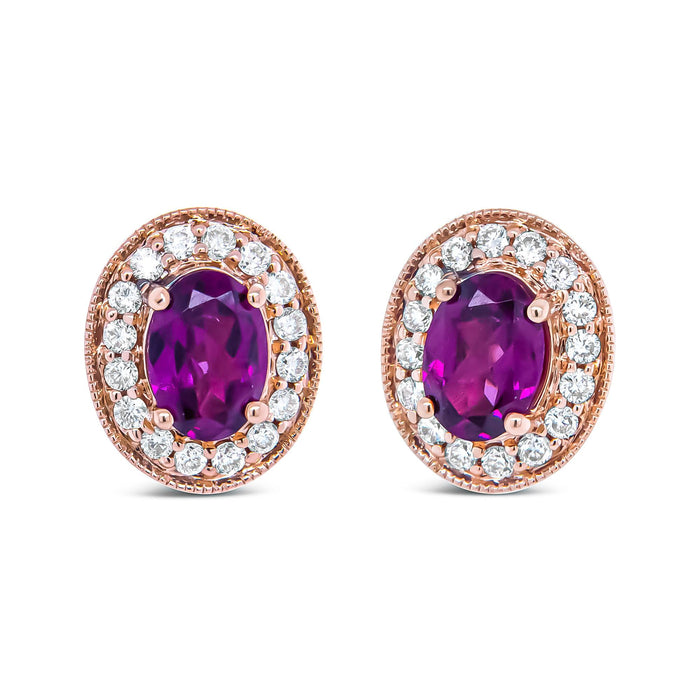 3/8 Ct. T.W. 7x5mm Oval-Cut Garnet and Round Diamond Halo Stud Earrings in 14K Rose Gold, photo 1