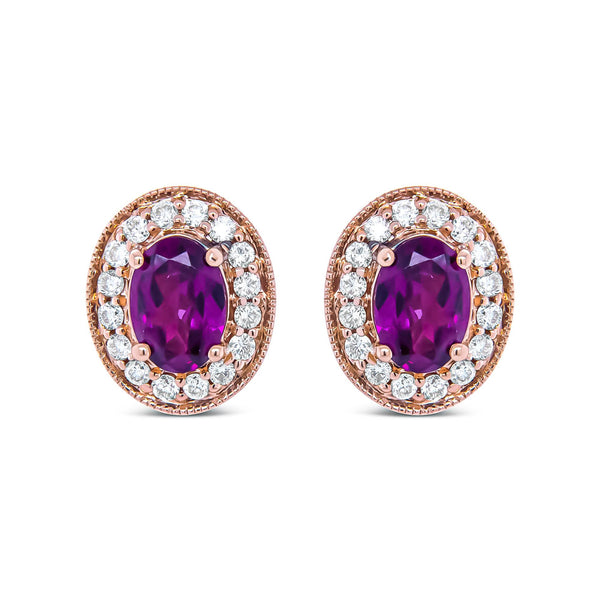 3/8 Ct. T.W. 7x5mm Oval-Cut Garnet and Round Diamond Halo Stud Earrings in 14K Rose Gold, photo 2