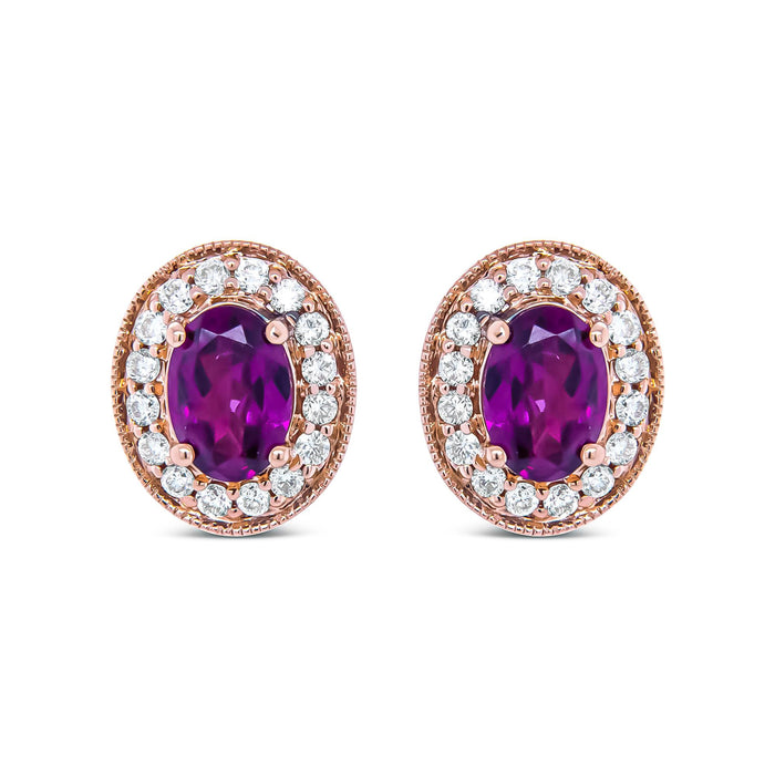 3/8 Ct. T.W. 7x5mm Oval-Cut Garnet and Round Diamond Halo Stud Earrings in 14K Rose Gold, photo 2