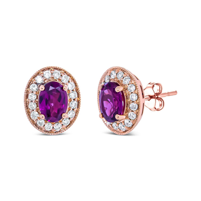 3/8 Ct. T.W. 7x5mm Oval-Cut Garnet and Round Diamond Halo Stud Earrings in 14K Rose Gold, photo 4