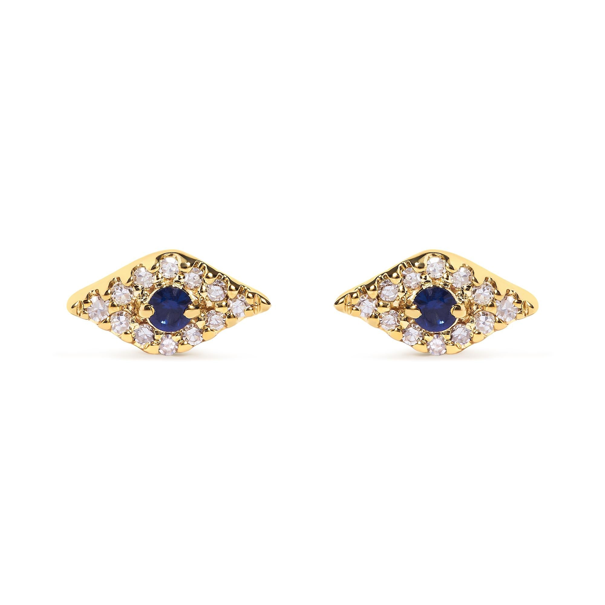 Aretes de botón de mal de ojo con zafiro azul y detalles de diamante en oro amarillo de 10K, foto 1