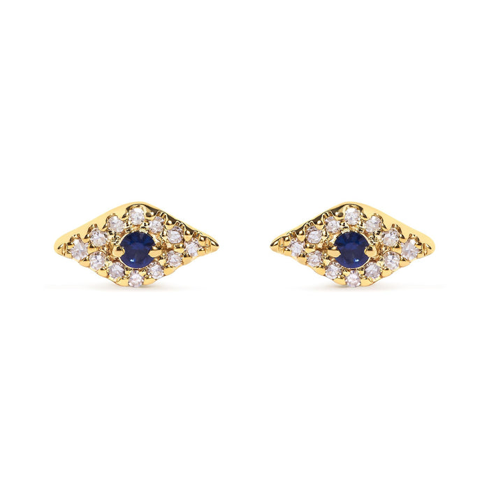 Aretes de botón de mal de ojo con zafiro azul y detalles de diamante en oro amarillo de 10K, foto 1