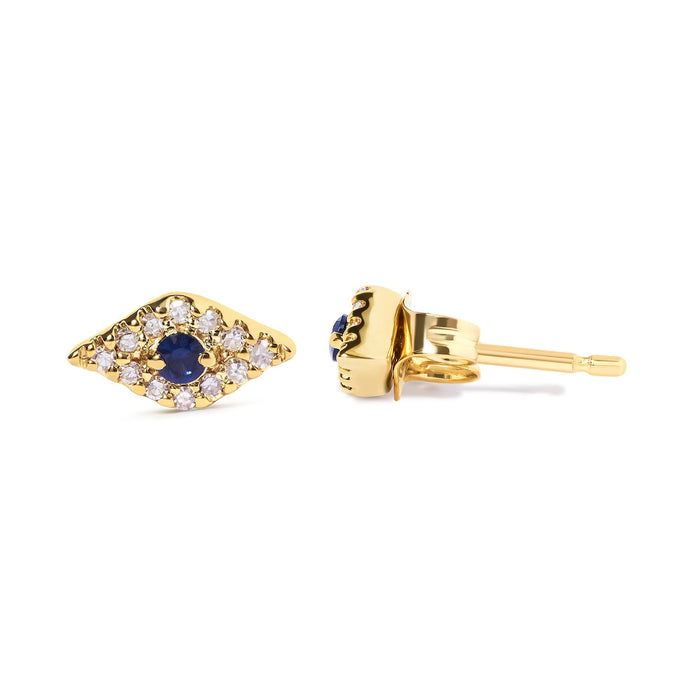 Aretes de botón de mal de ojo con zafiro azul y detalles de diamante en oro amarillo de 10K, foto 4